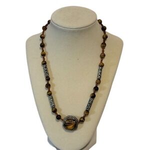 Vintage Tiger Eye Choker Necklace: Silver Tone Filigree Beads